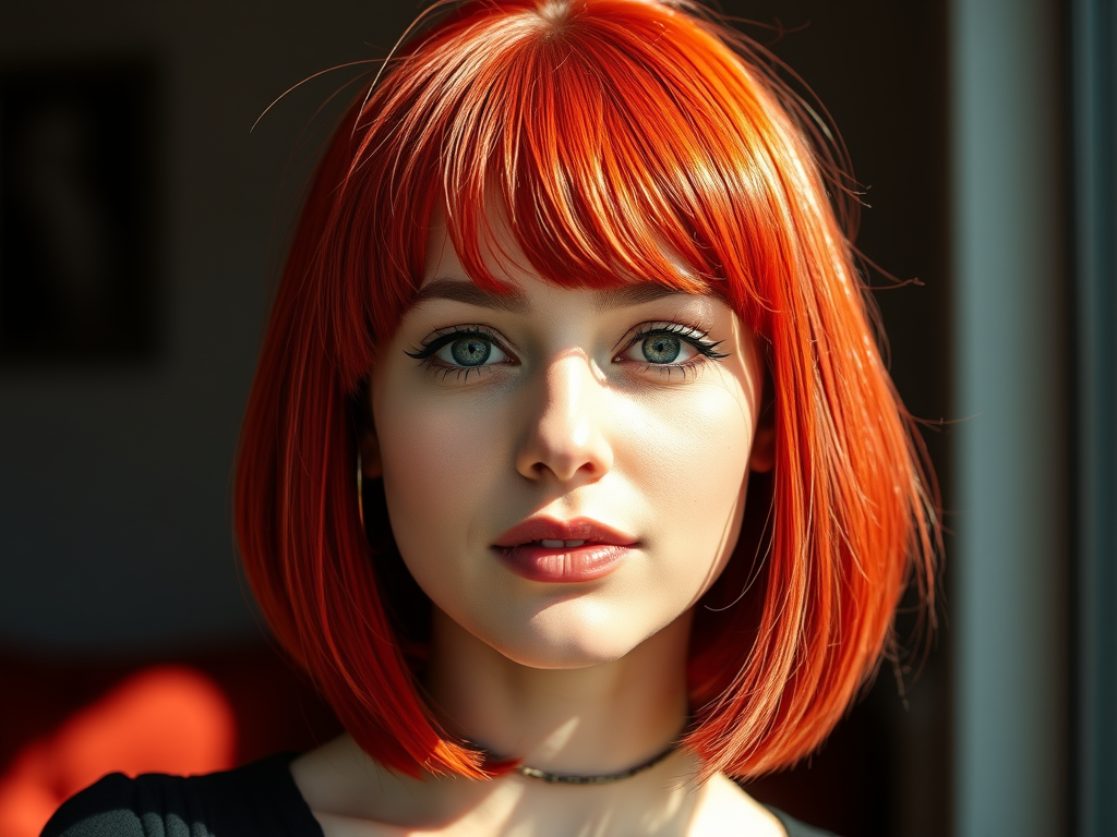 AI Image of a transgender woman with red bob cut style hair.