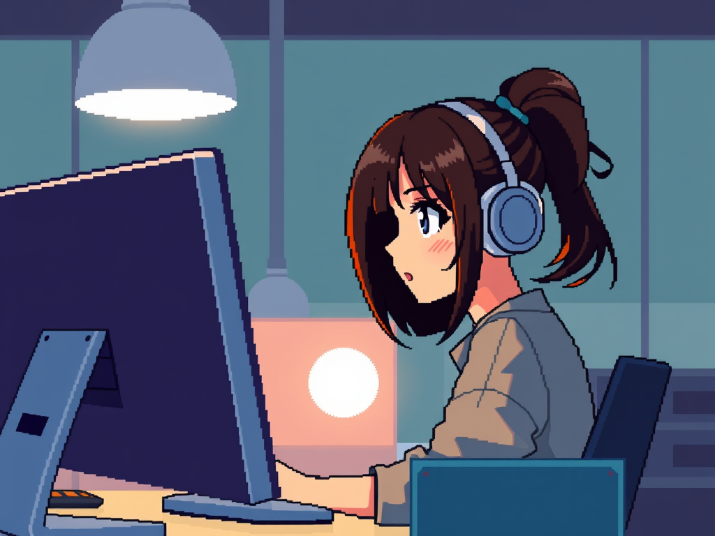 Girl sat behind a computer with headphones on.
